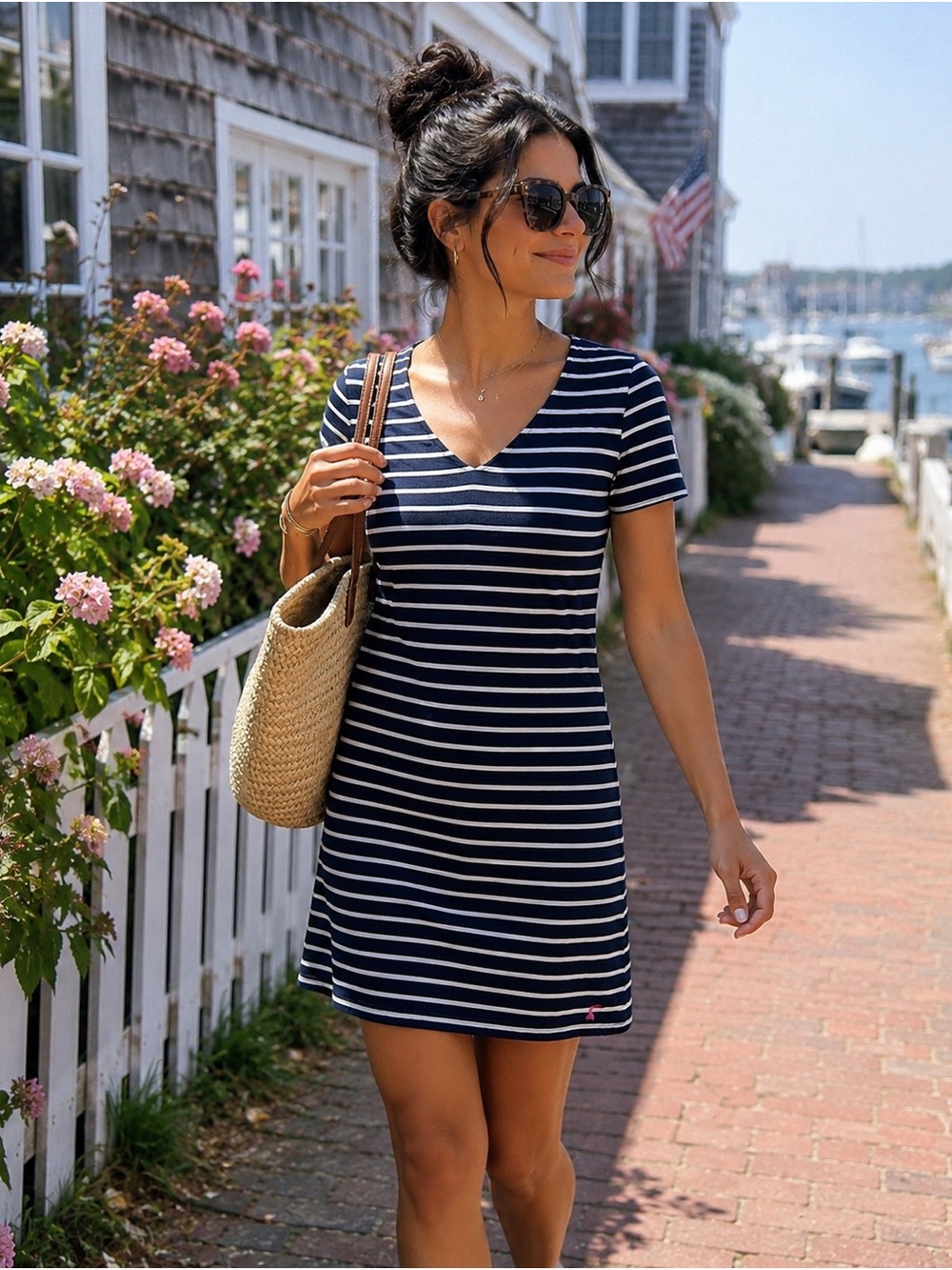 Joules Navy White Breton Cotton Stripe Dress Coastal Prep Nautical Small